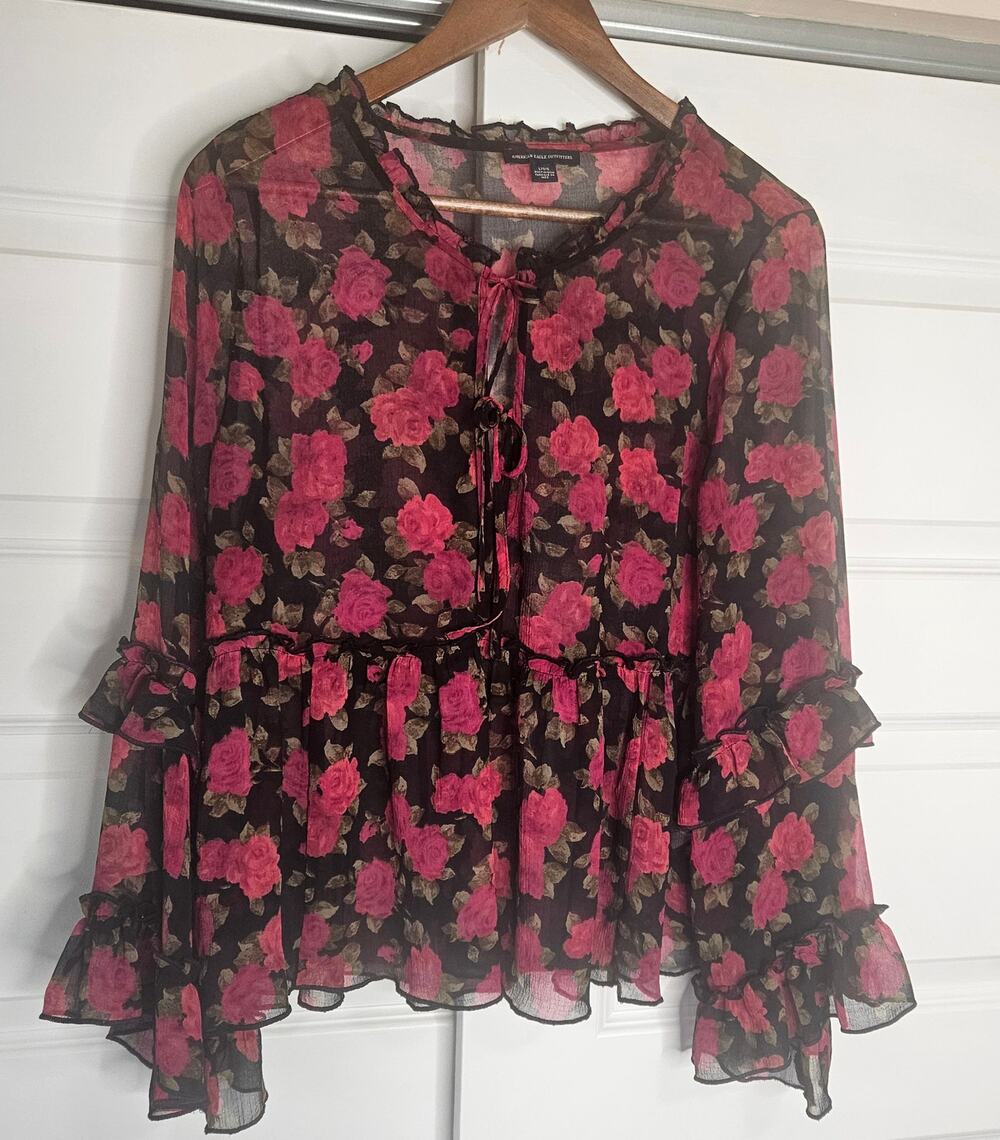 American Eagle Sheer Floral Rose Ruffle Tie Front Blouse Black Pink - Large